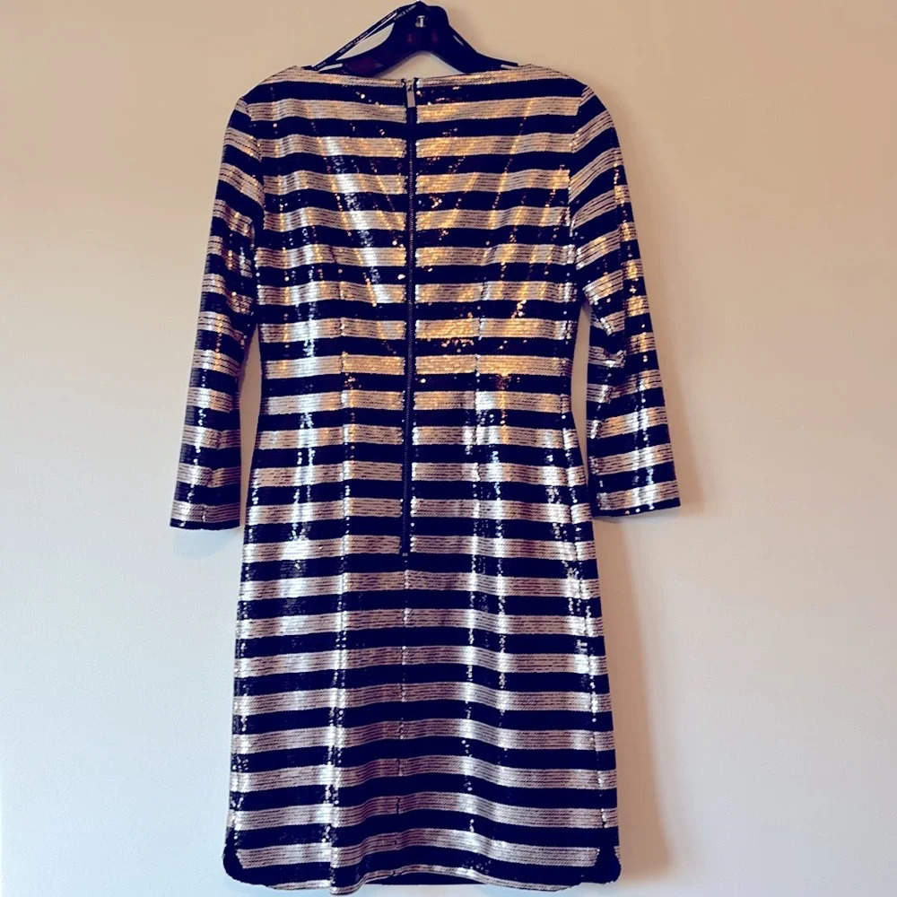 VINCE CAMUTO Black and Silver Striped Sequin Formal Dress - Picture 2 of 6